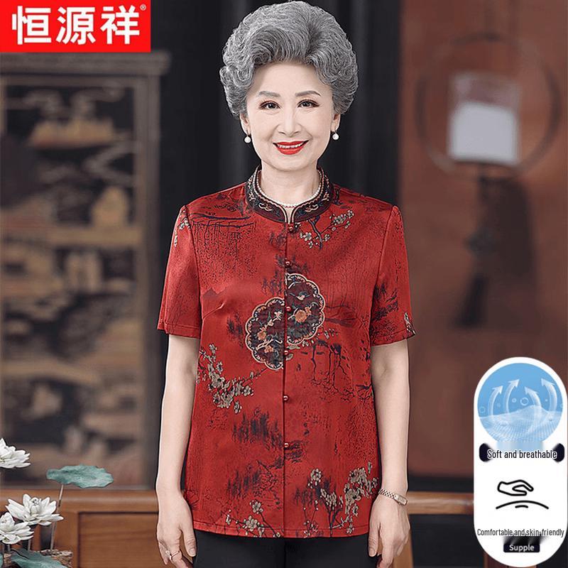 Women s Elegant Printed Stand Collar Short Sleeve Blouse 5XL