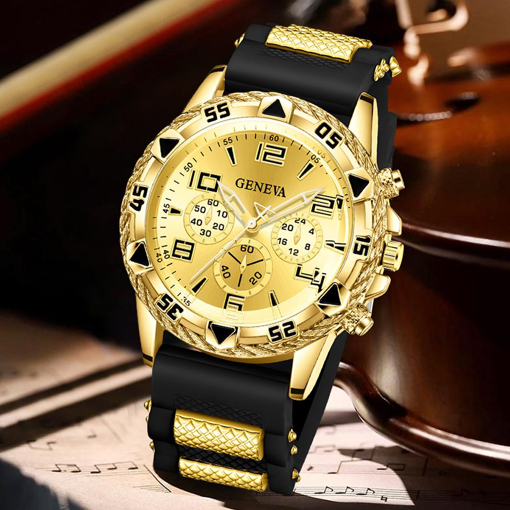 4PC Golden Men's Watch Set Fashionable and Versatile Quartz Watch Bracelet Necklace Ring Set Perfect Gift for Friends or Dad
