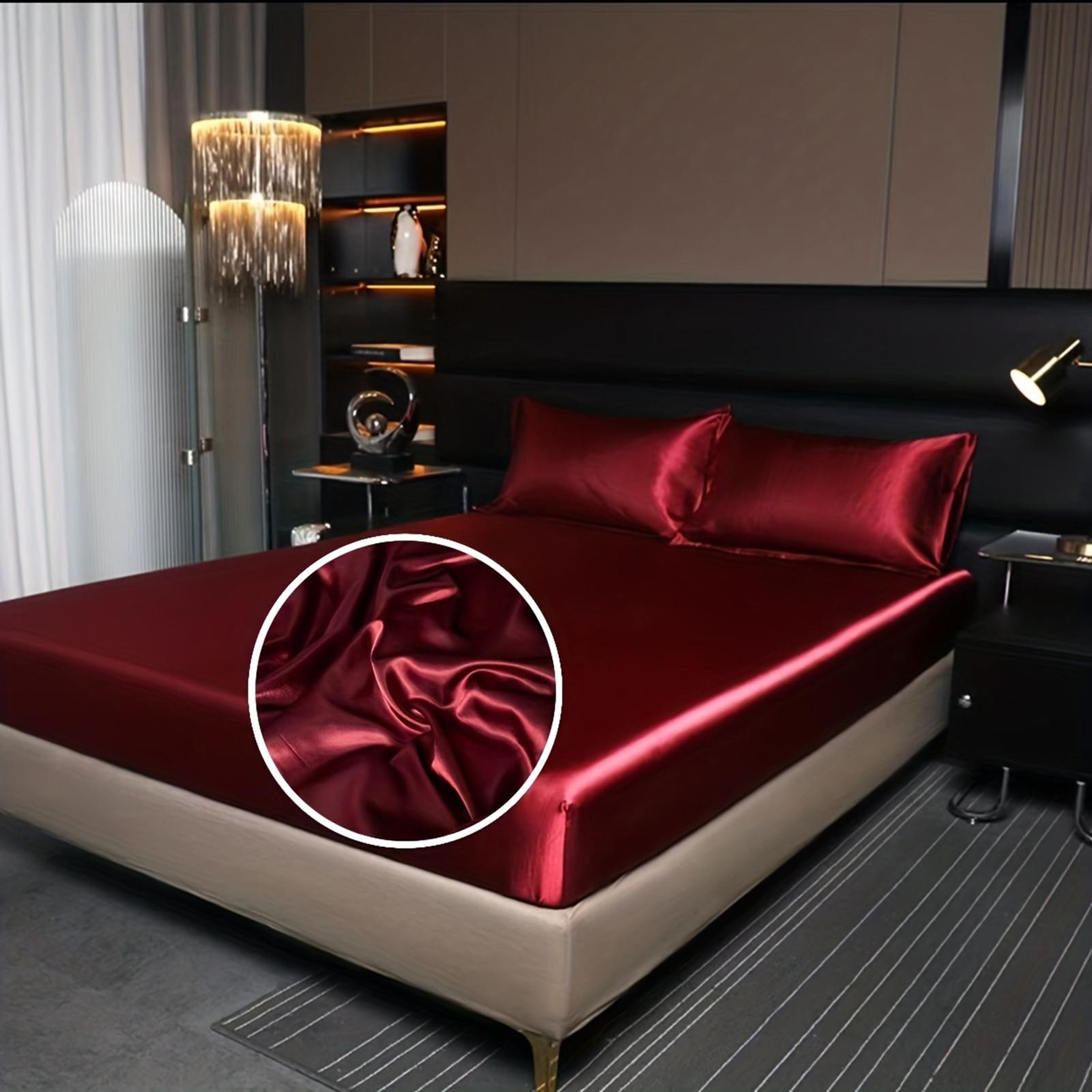 

Атласный однотонный простынь на подкладке, шелковый матрас, прохладный, имитация шелка, защитный чехол FULL винный