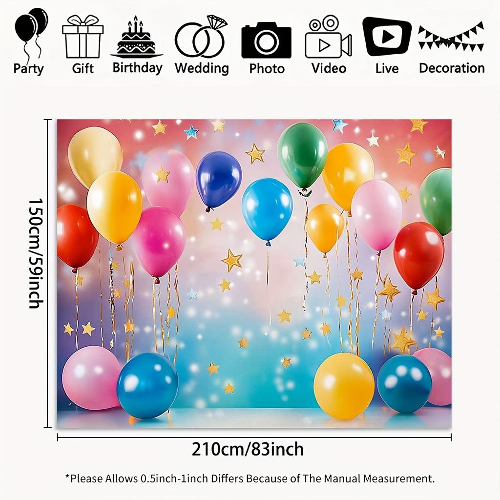 1 polyester fotoachtergrondbanner - met kleurrijke ballon- en stersymbolen, voor verjaardagen en jubilea