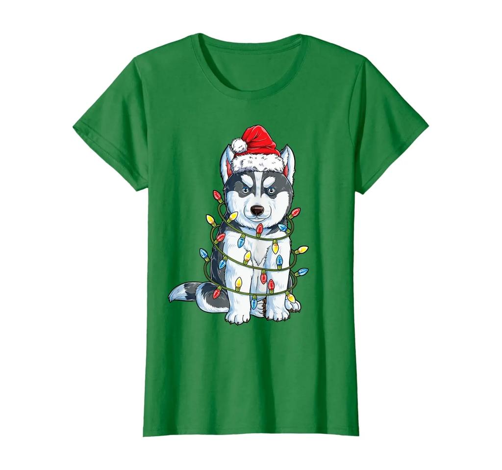 Siberian Husky Santa Christmas Tree Lights Xmas Gifts T Shirt 100 Cotton Short Sleeve ONeck Casual Tshirts New Size S3XL