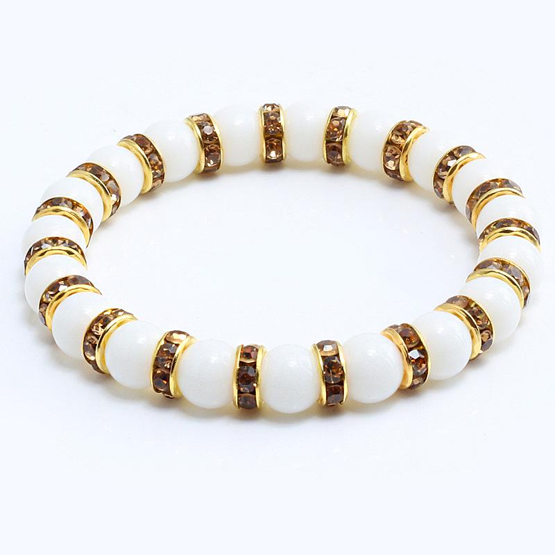 8mm White Porcelain Beads Rhinestone Bracelet: Trendy Unisex Wristband with Hand Rope