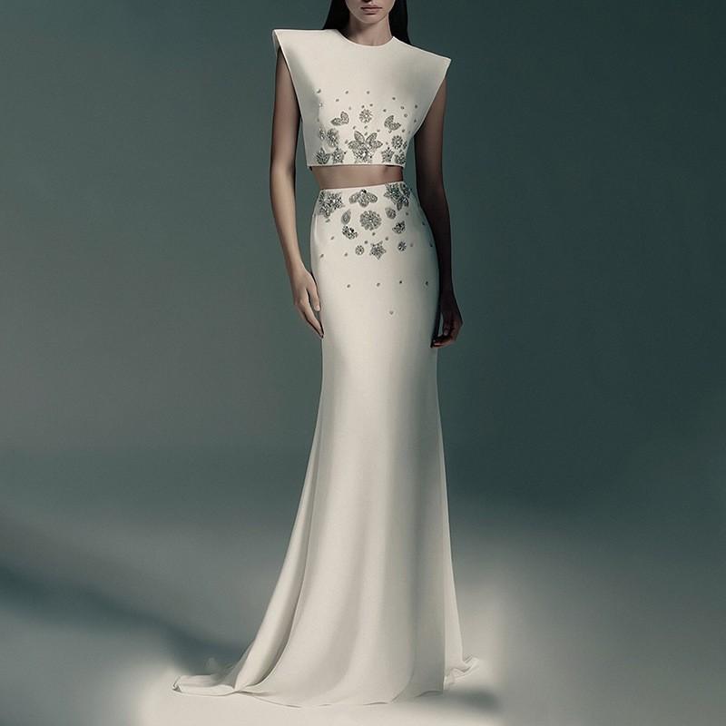Pure White Light Luxury Diamond-encrusted Fishtail Dress Two-piece Women's Collar Sleeveless + Skirt