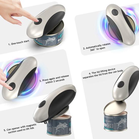 Electric Can Opener Stainless Steel Blade One-Touch Automatic Can Opener Ergonomic Handle Safety Button Hands Free Kitchen Gadget