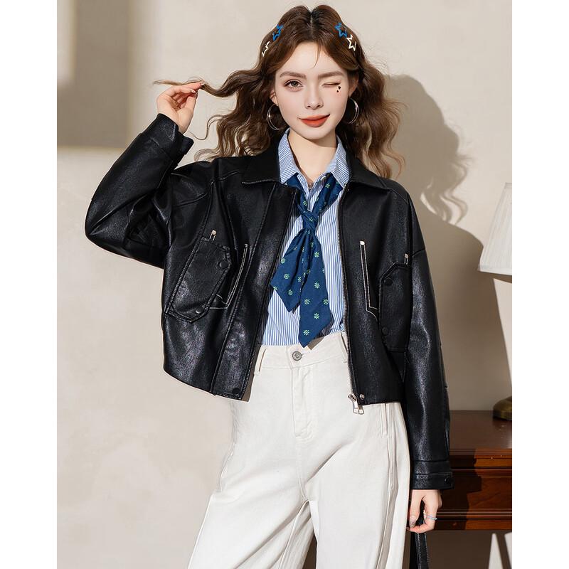 ET BOITE Women's Retro Lapel PU Leather Jacket