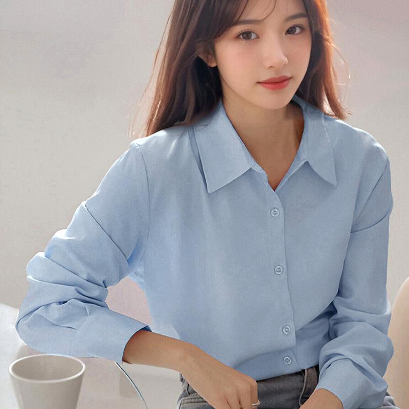 Minimalist Shirt for Women In Spring Autumn, Polo Collar Lazy Style Professional Versatile OL Commuting Solid Color Shirt Blouses & Shirts