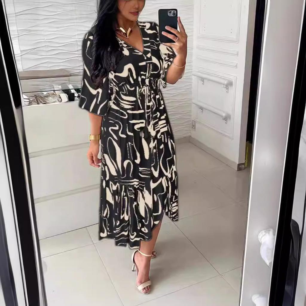 Böhmisches Damen Print Midi Kleid V-Ausschnitt Halber Ärmel Hohe Elastische Taille A-Linien Kleid Damenmode Lässiges Robe Vestido