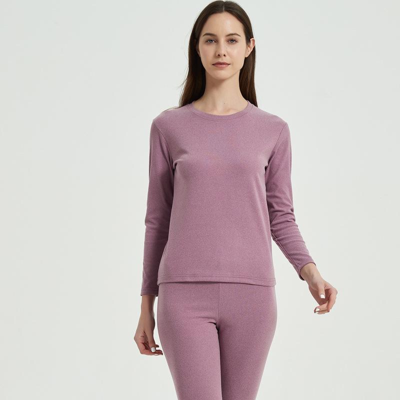 Solid Color Double-Sided Brushed Warm Base Layer Set for Women & Men - Round Neck Top & Pants for Autumn