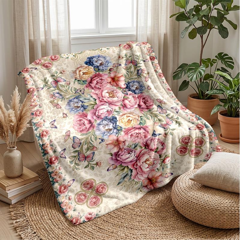 Elegant Floral Butterflies Theme blanket Lightweight Warm Flannel Blanket Decorative Throw Blanket for Home Decoration