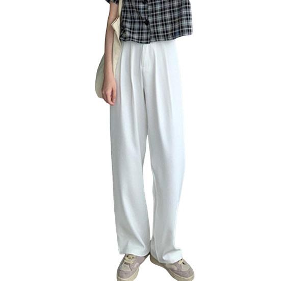 Women Suit Pants Button Zipper Fly High Waist Long Trousers Solid Color Straight Wide Leg Office Lady Pants