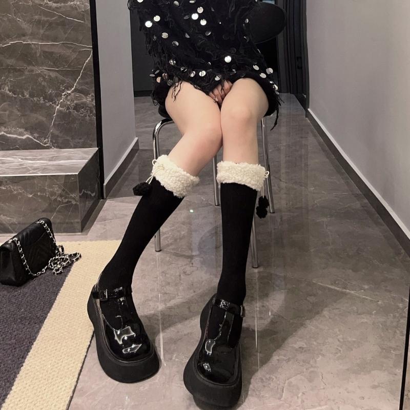 Women Winter Calf Length Boots Socks Japanese Style Cute Faux Lamb Wool Furry Trim Pompom Bowknot Stockings Leg Warmer