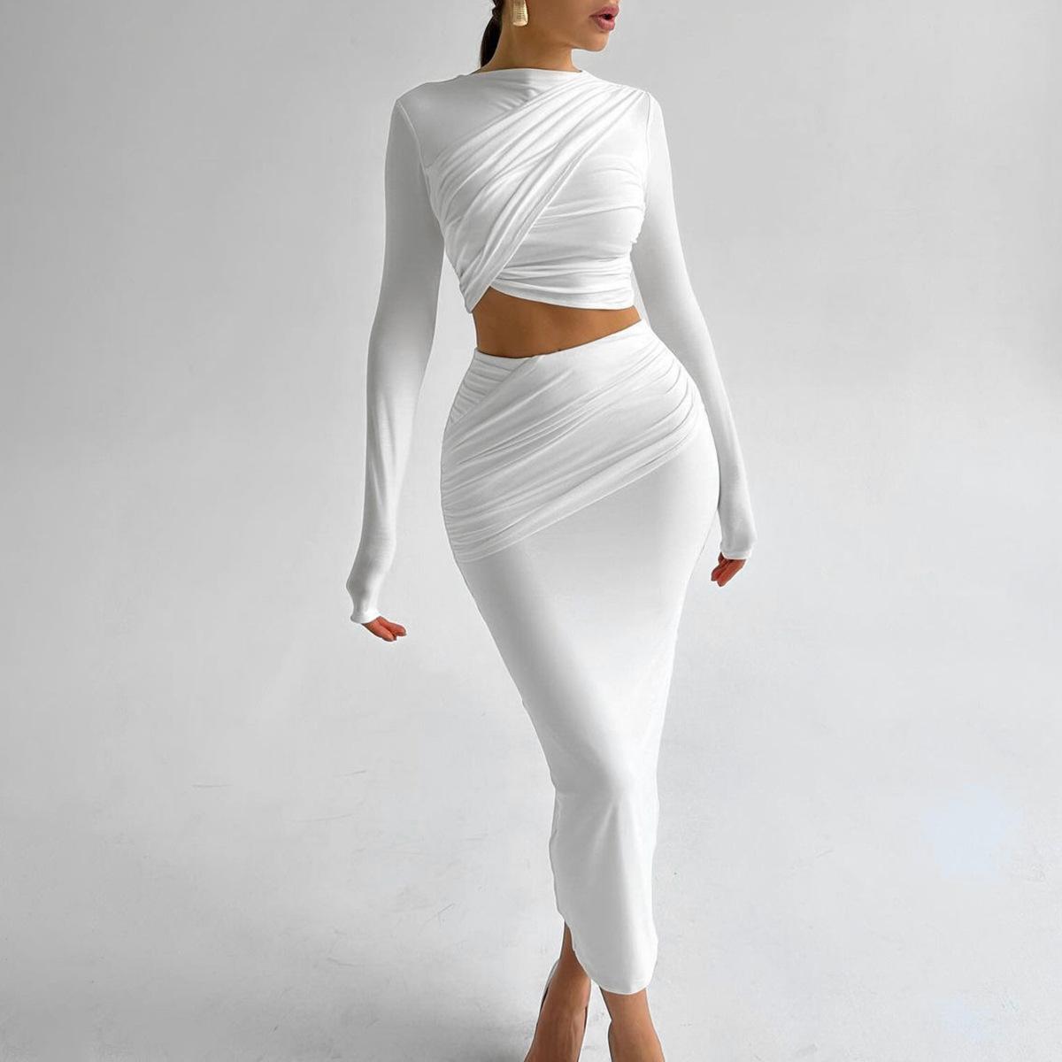 

European and American women s clothing autumn new round neck long-sleeved open button top slim skirt suit women L білий