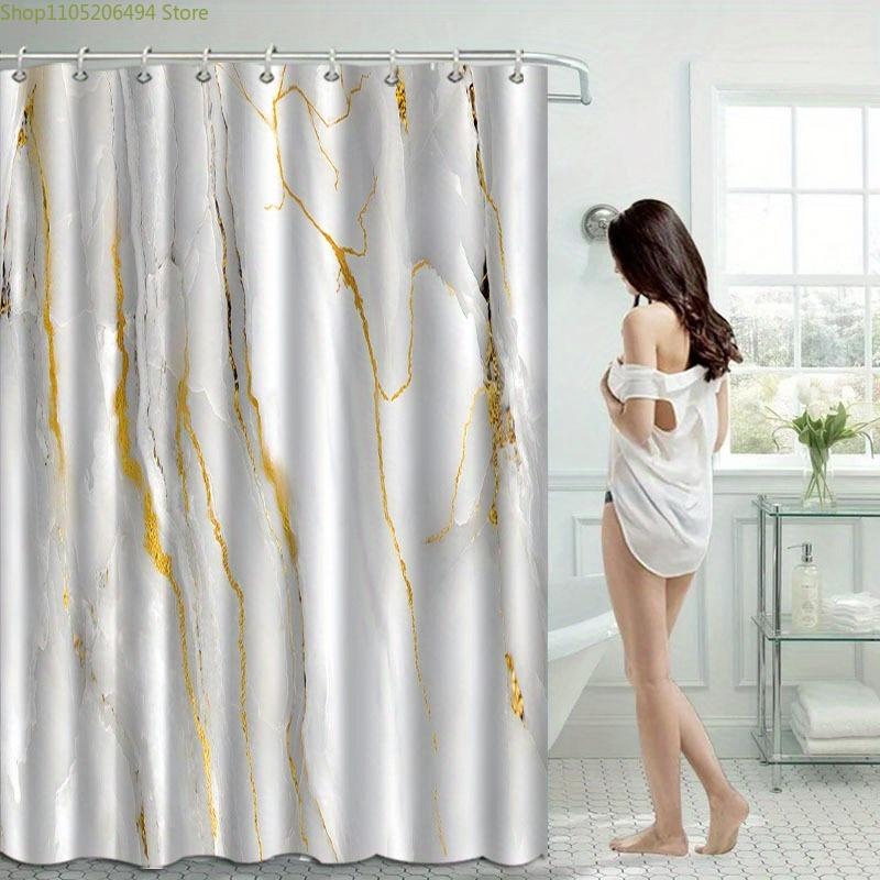 1pc Elegant Marble Pattern Shower Curtain with Hooks - Machine Washable Polyester, Golden & White Design, Perfect for Bathroom