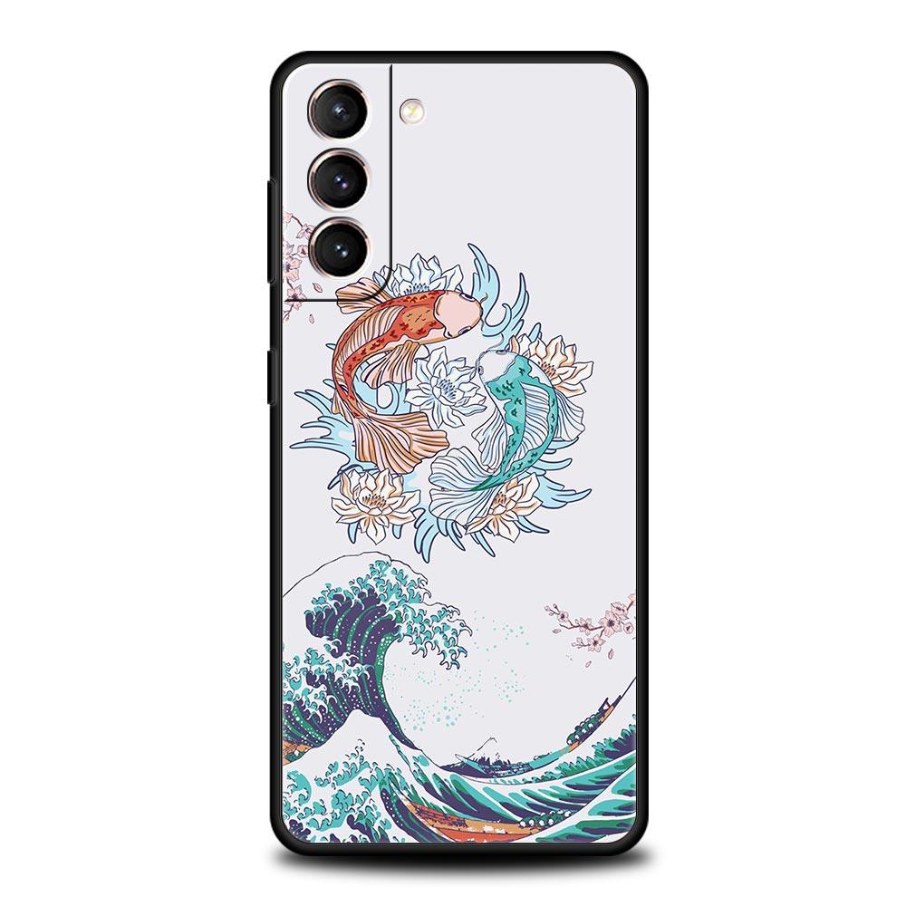 Koi Fish Case For Samsung Galaxy S22 Ultra S21 S20 FE 5G S10 S9 S24 Plus S10E S23 Phone Cover Black Silicone Shell