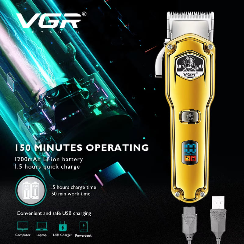 VGR V-693 Professional Cordless Hair Clipper for Men Metal Barber Kit with Trimmer - Hair Cutting Set for Precision Cutting with LED Digital Display