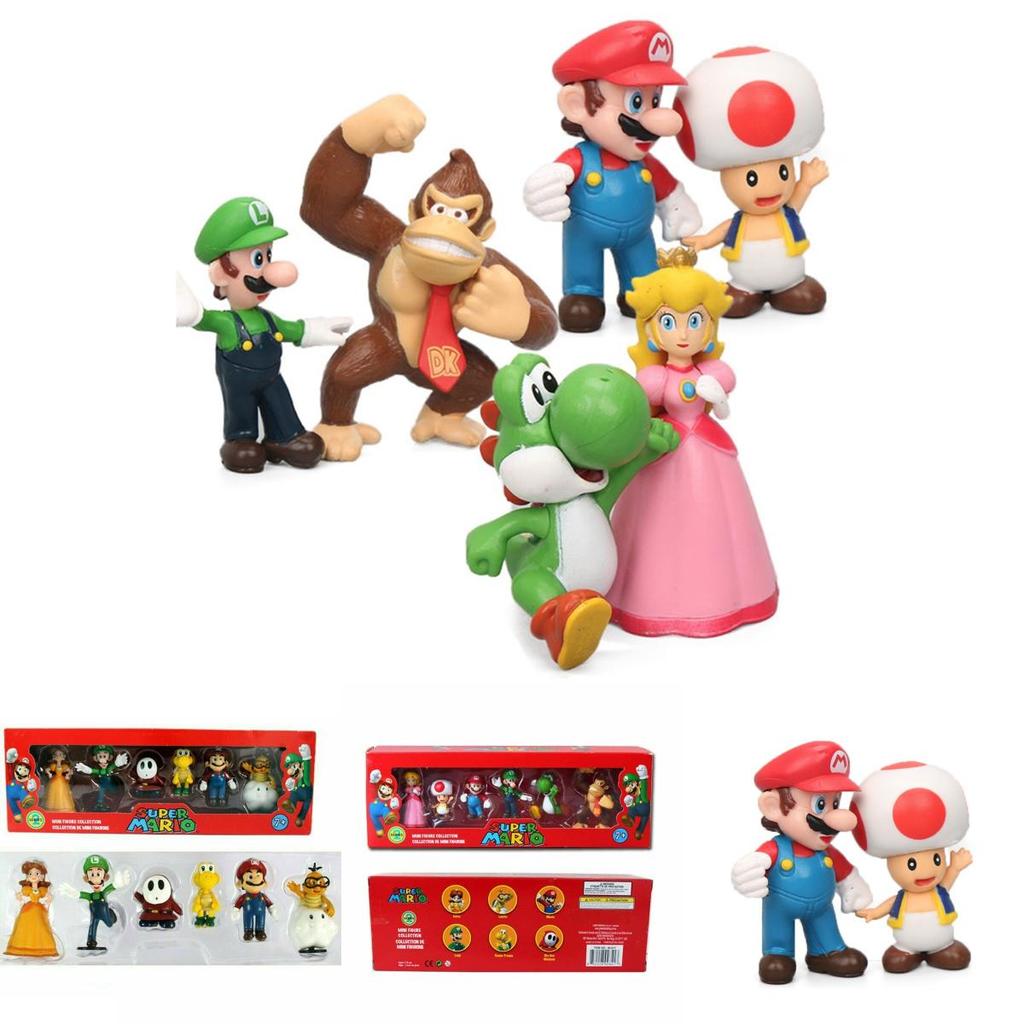 Six Piece Super Mario Bros Action Figure Toys Set Featuring Luigi Yoshi And Mushroom Collectibles For Kids