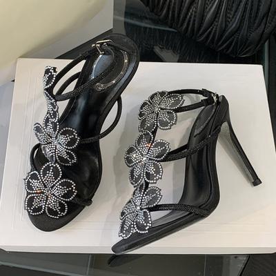 Moda Liyke Elegante Mulher Sapatos para Banquete de Casamento Moda Sandálias com Tira no Tornozelo Flor de Cristal Mulheres Biqueira Aberta Salto Alto com Strass Preto