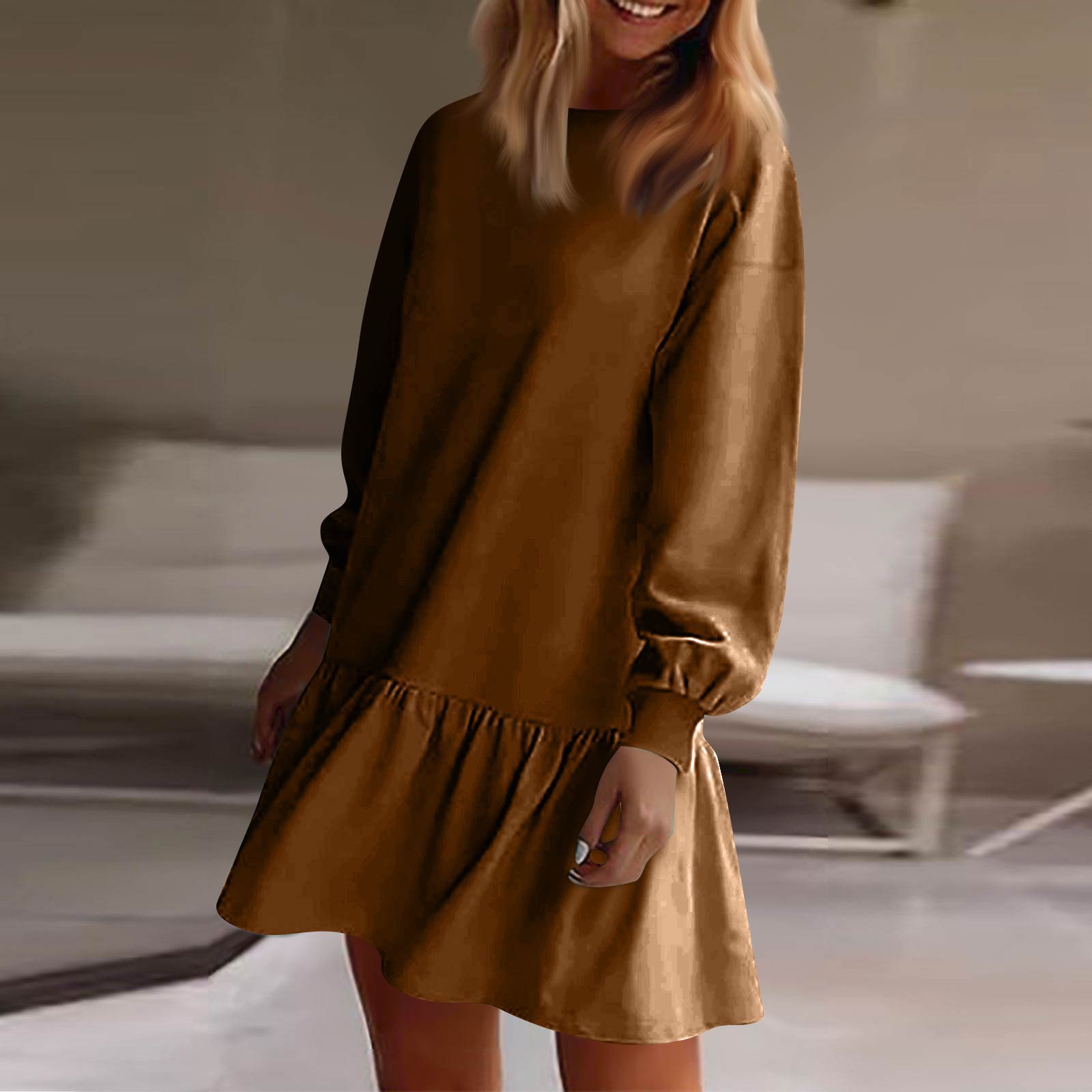 

Women s Long Sleeve Pullover Top Knit Ribbed Knit Patchwork Sweatshirt Dress Casual Dresses коричневый