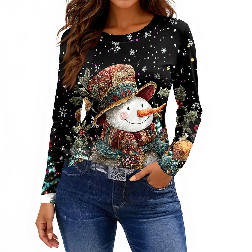 Women's Fashion Casual Slit Hem Round Neck Long Sleeve Loose Printed T-Shirt Ladies Top