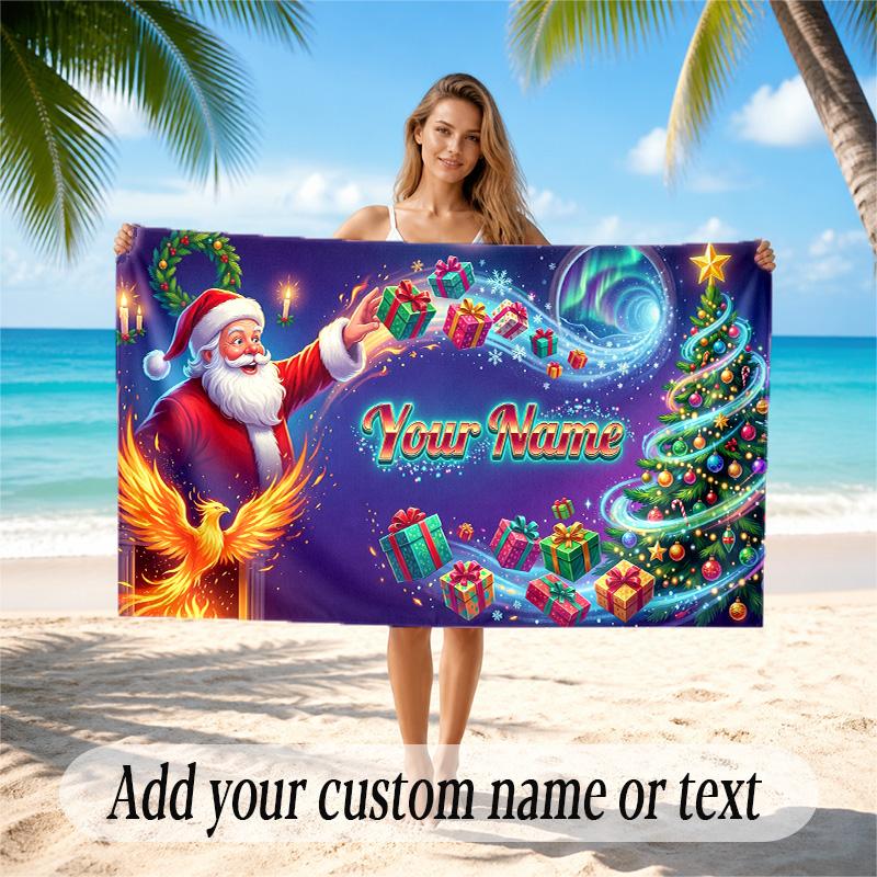 Christmas Theme Quick Dry Beach Towel Custom Name Text Print Large Sand Resistant Towel Beach Vacation