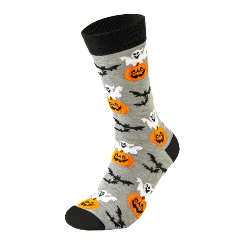 Halloween Themed Cotton Socks Elastic Cuffs Breathable Fabric Practical Wear Festive Ghosty Pumpkin Patterns