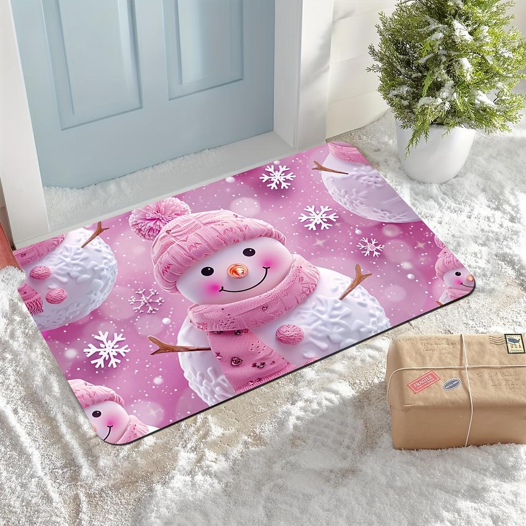 VIKAMA Pink Snowman Snowflake Xmas Doormat Non-Slip Washable Front Door Rug Indoor Outdoor Winter Entrance Decor