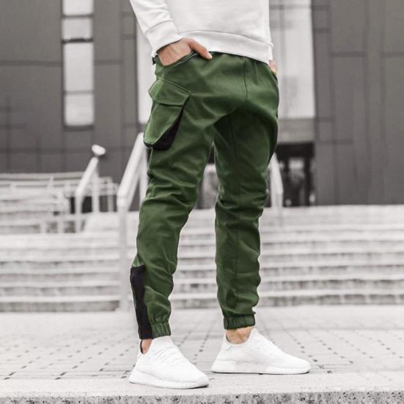 Yousheng Men Cargo Pants Ankle-banded Drawstring Elastic Waist Loose Solid Color Sweatpants with Pockets Retro Style Ankle Length Trousers