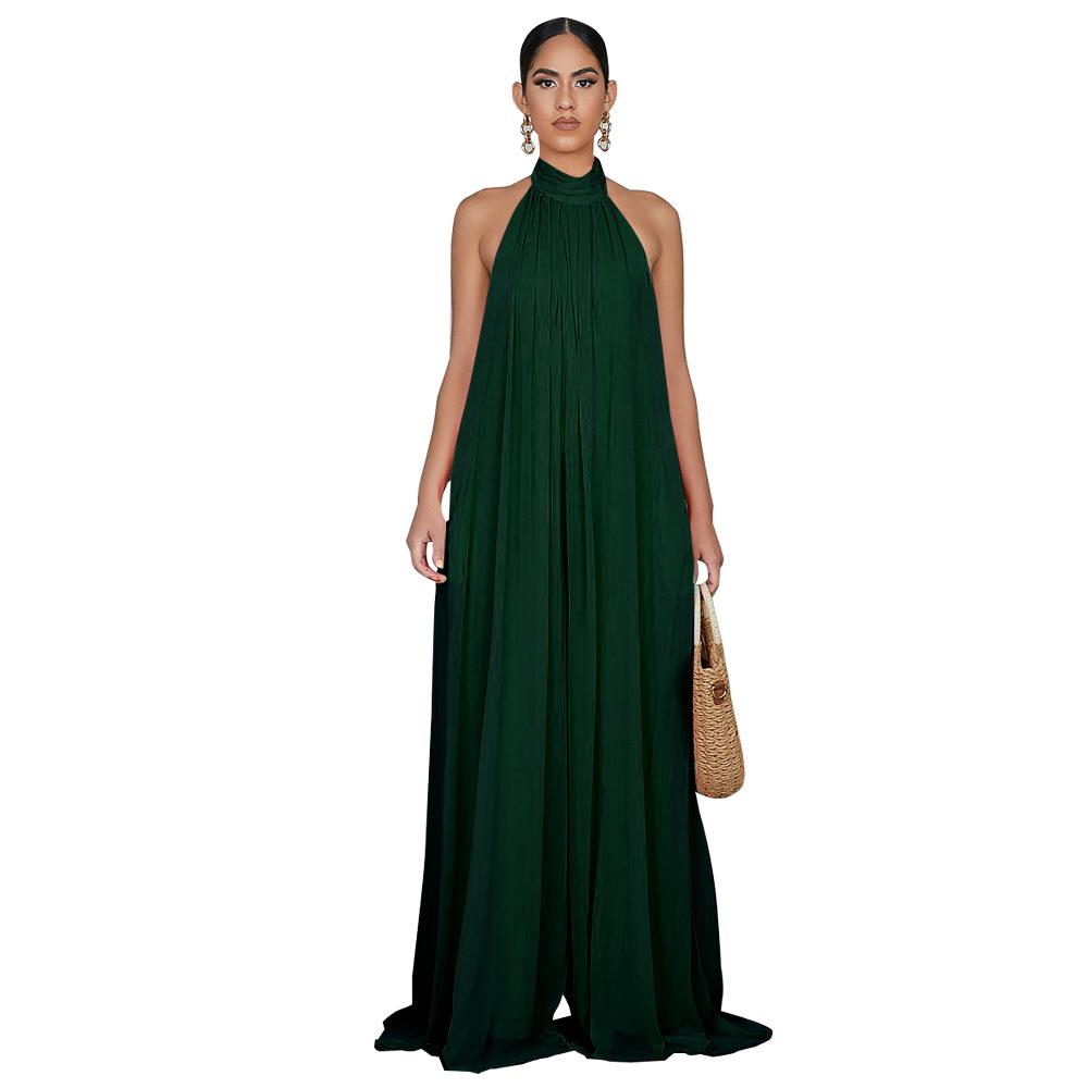 Tuta da donna con scollo all'americana, senza maniche, tinta unita, in chiffon, gamba larga, schiena scoperta, morbida, fluida, pantaloni lunghi, tutina
