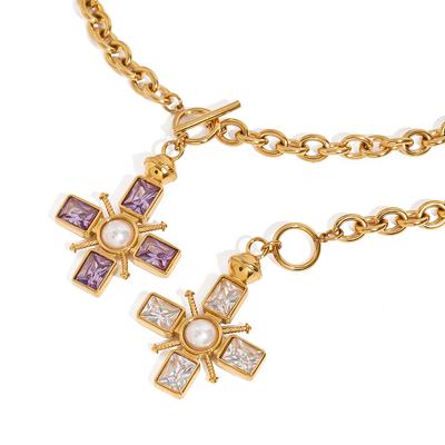 Youthway Specialist Elegante Acciaio Inossidabile Placcato Oro Strass Perla Sintetica Croce Ciondolo Collana Unisex Gioielli Vintage
