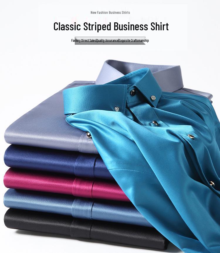 Trendy Iron-Free Slim Fit Mulberry Silk Shirt with Rhinestone Buttons and Turn-Down Collar