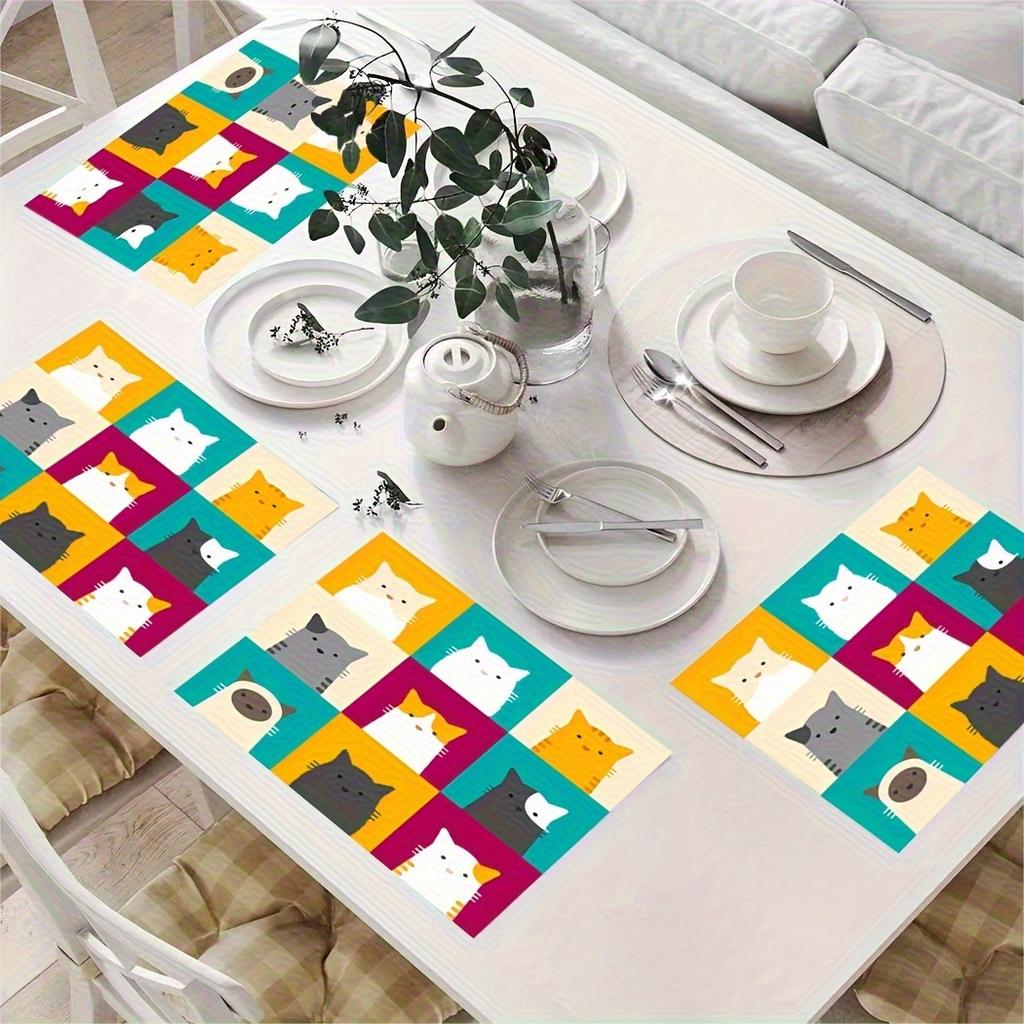 4 Pz. Runner Colorati con Gatti – Design a Scacchi, Resistenti al Calore, Poliestere Facile da Pulire, Divertente Decorazione per la Casa e le Feste