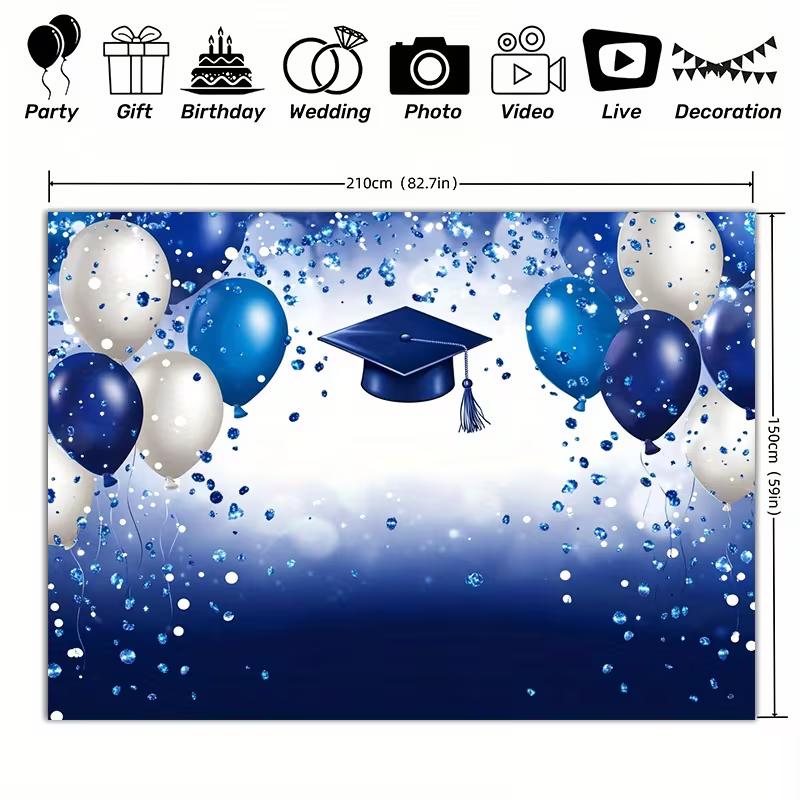2D College Graduation Backdrop, Elegant Blue Themed Balloons & Cap Banner