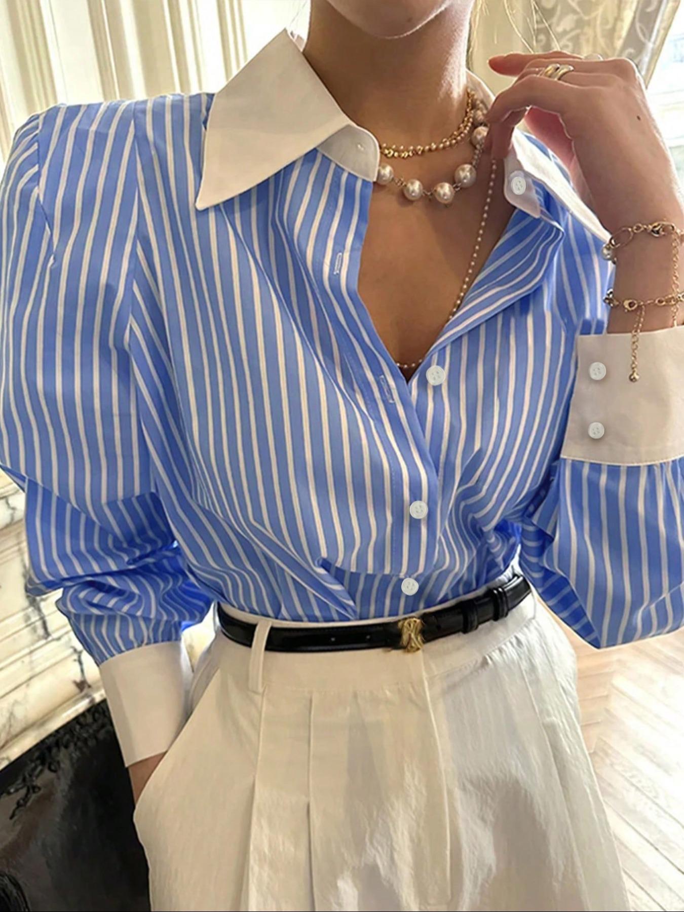 

2024 Women s Casual French Stripe Patchwork Lapel Shirt L синий