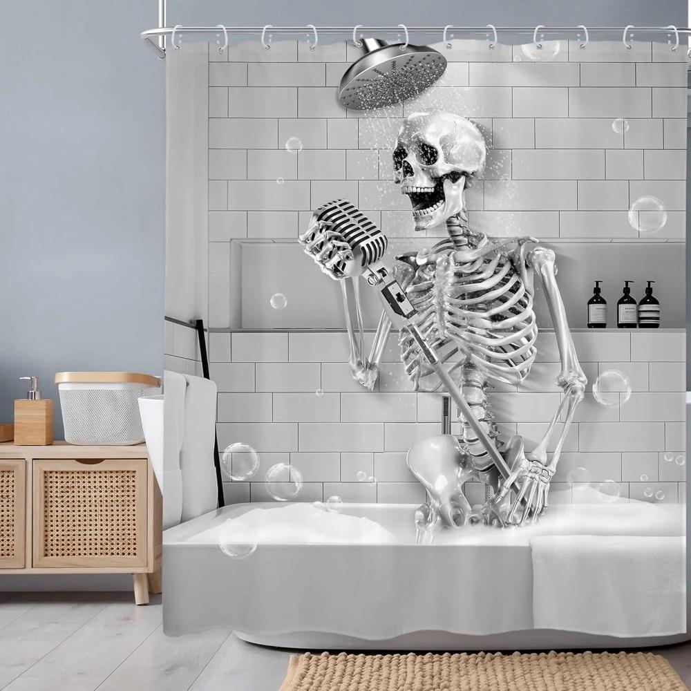 Funny Skull Singing In Bathtub Printed Shower Curtain Rustic Gothic Skeleton For Bathroom Decor