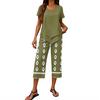 Women Casual Fashion Round Neck Printed Short Sleeve T Shirt and Capri Pants Set Lightweight Comfortable Summer Outfit