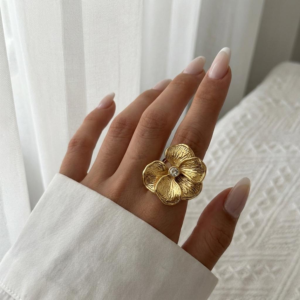 Stainless Steel Gold Plated Vintage Rings For Women Boho Sun Butterfly Flower Crystal Zircon Geometric Finger Ring Party Jewelry
