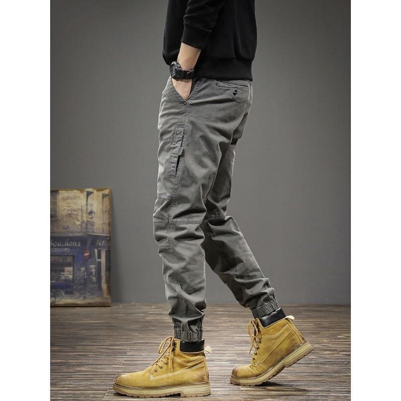 Fashion Slim Tie One's Feet Men's Cargo Pants Classic Pocket Street Casual Button Youth Solid Color All-match Male Trousers