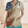 Women Plus Size Printed Nurse Scrub Top V Neck Short Sleeve With Front Pockets