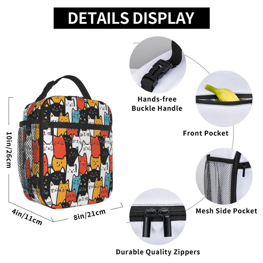 Cartoon Cute Colorful Cat Insulated Lunch Bag for Women Office Cooler Thermal Food Box Tote Portable Lunch Boxes Container