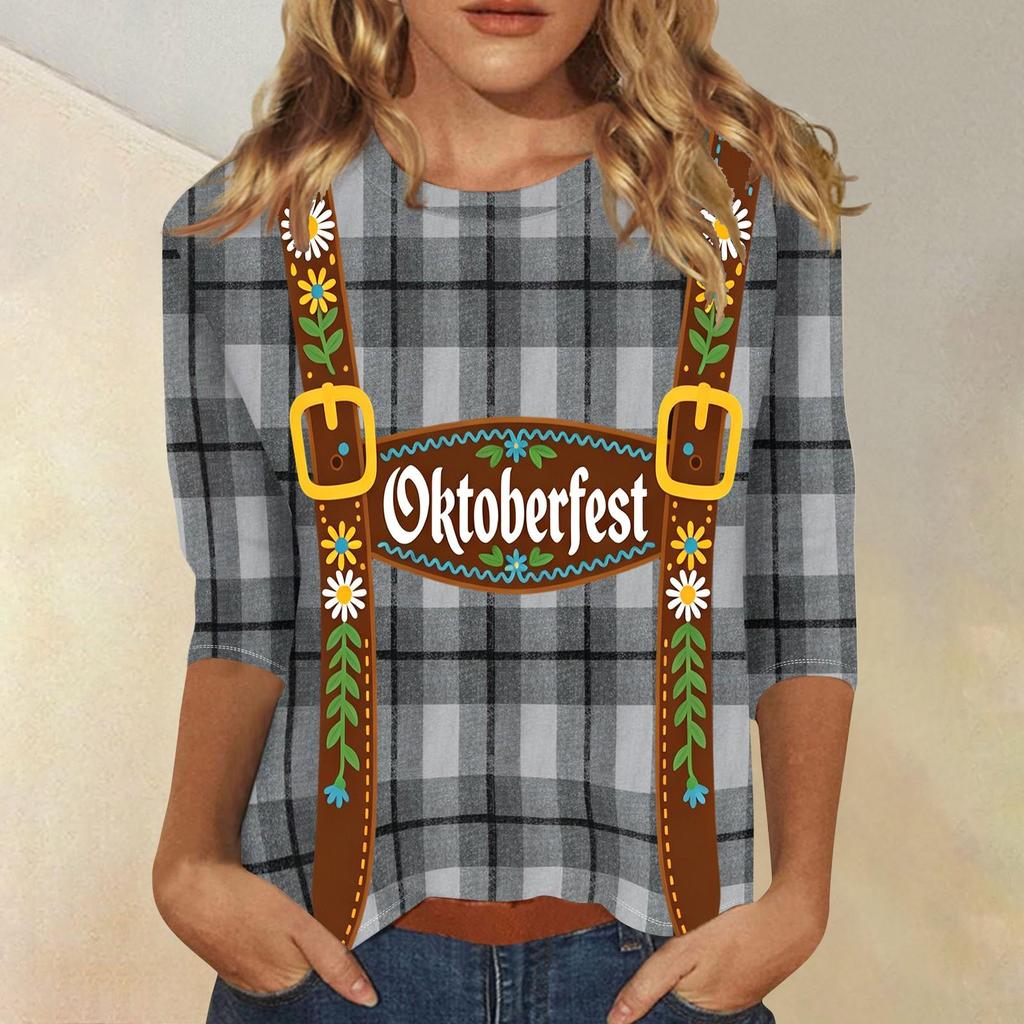 Damen Casual Oberteil mit Dreiviertelärm, Oktoberfest-Print, Rundhalsausschnitt, Leicht, Bequeme Passform für Saisonale Veranstaltungen und den Alltag