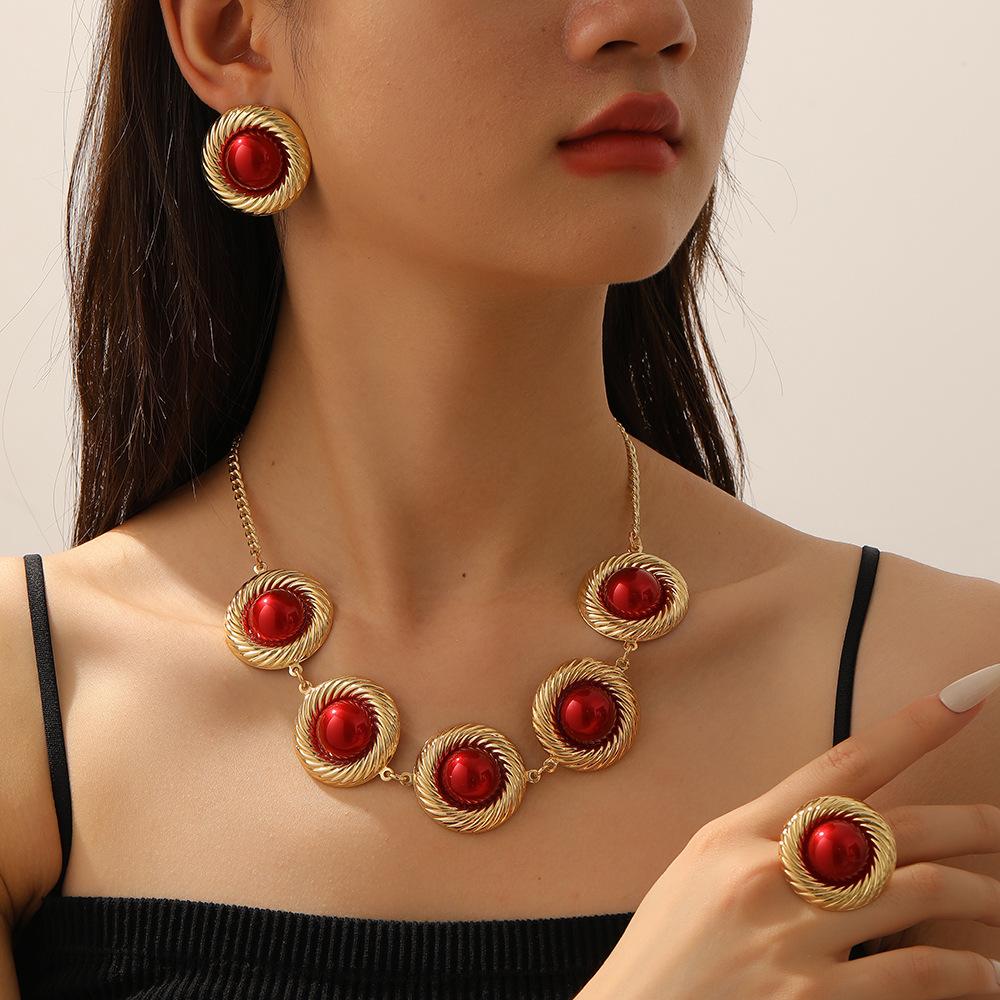 Round Imitation Pearl Pendant Choker Ring Earrings Set Women Chic Party Jewery Accessory