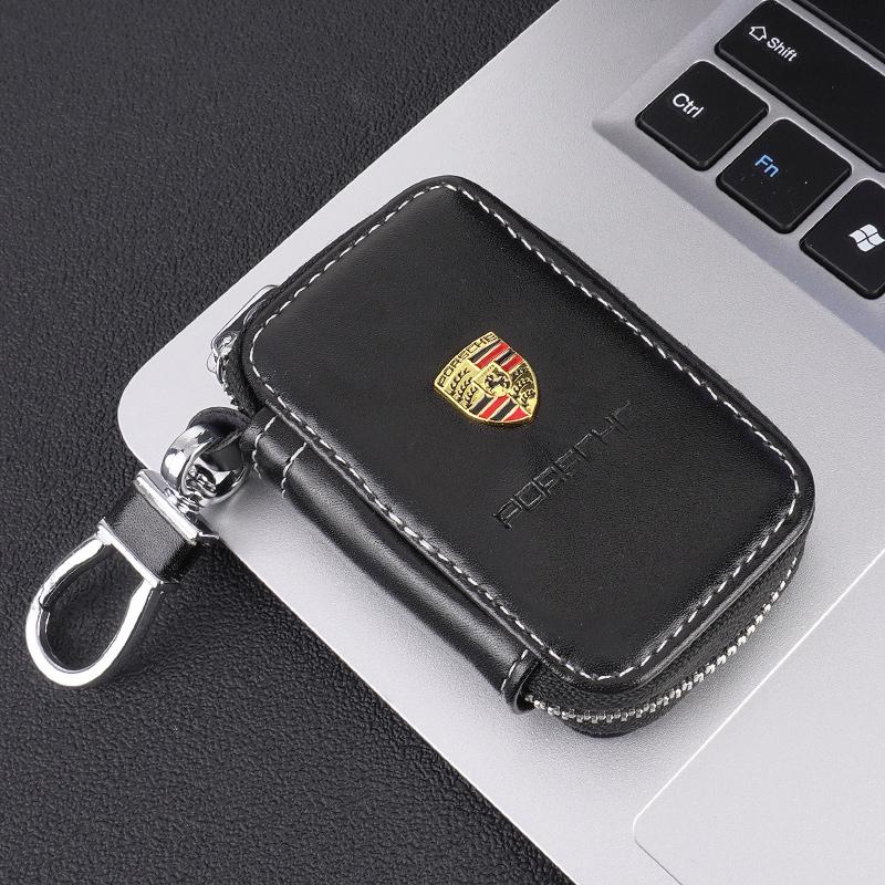 BMGB9 3D Metall+Leder Auto Geldbörse Schlüsseltasche Multifunktions Schlüsseletui Für Porsche Cayenne Panamera Macan Boxster Cayman 718 911 Aufkleber