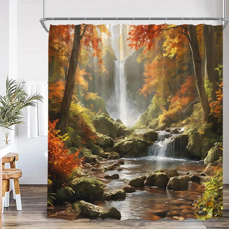 Autumn Forest Landscape Shower Curtains Red Maple Trees Waterfall Log Cabin Bear Fall Scenery Fabric Home Bathroom Curtain Decor