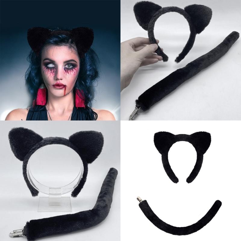 Furry Cats Ear Headpiece Lightweight Adjustable Design Role Play Headband and Tail For Halloween Cosplay Costume Parties