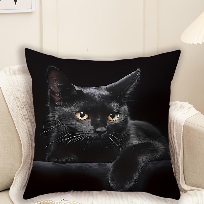 1Pc Black Cat Staring Cute Themed Printed Throw Pillow Cover, Suitable For Sofa, Bedroom, Living Room, Cool Gift For Cat Lovers.