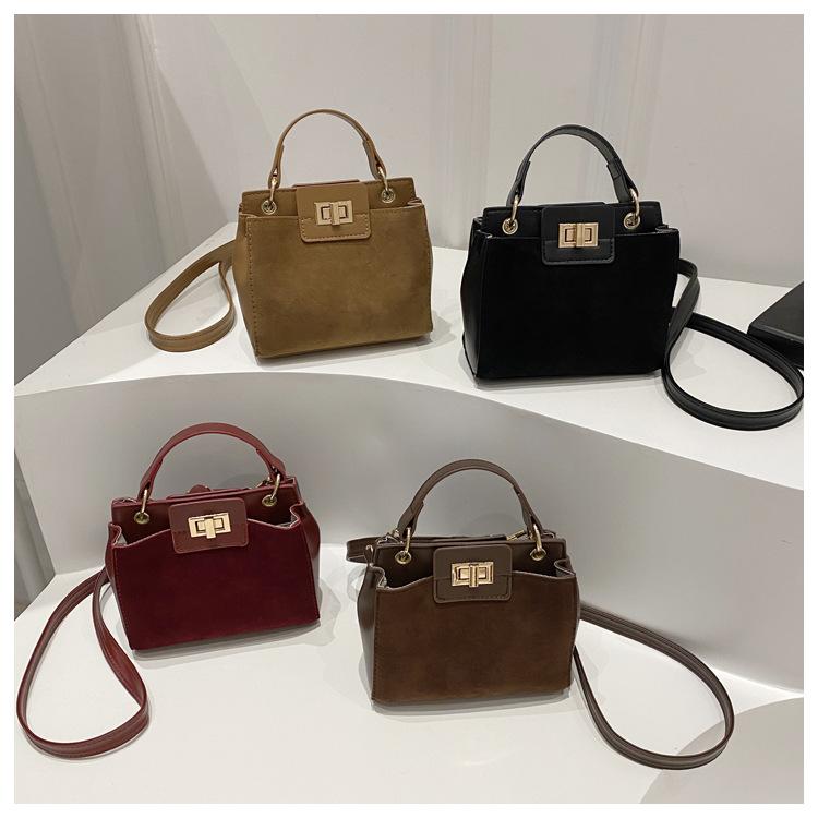 Retro Faux Leather Small Square Shoulder Bag Lock Closure Handbag for Women
