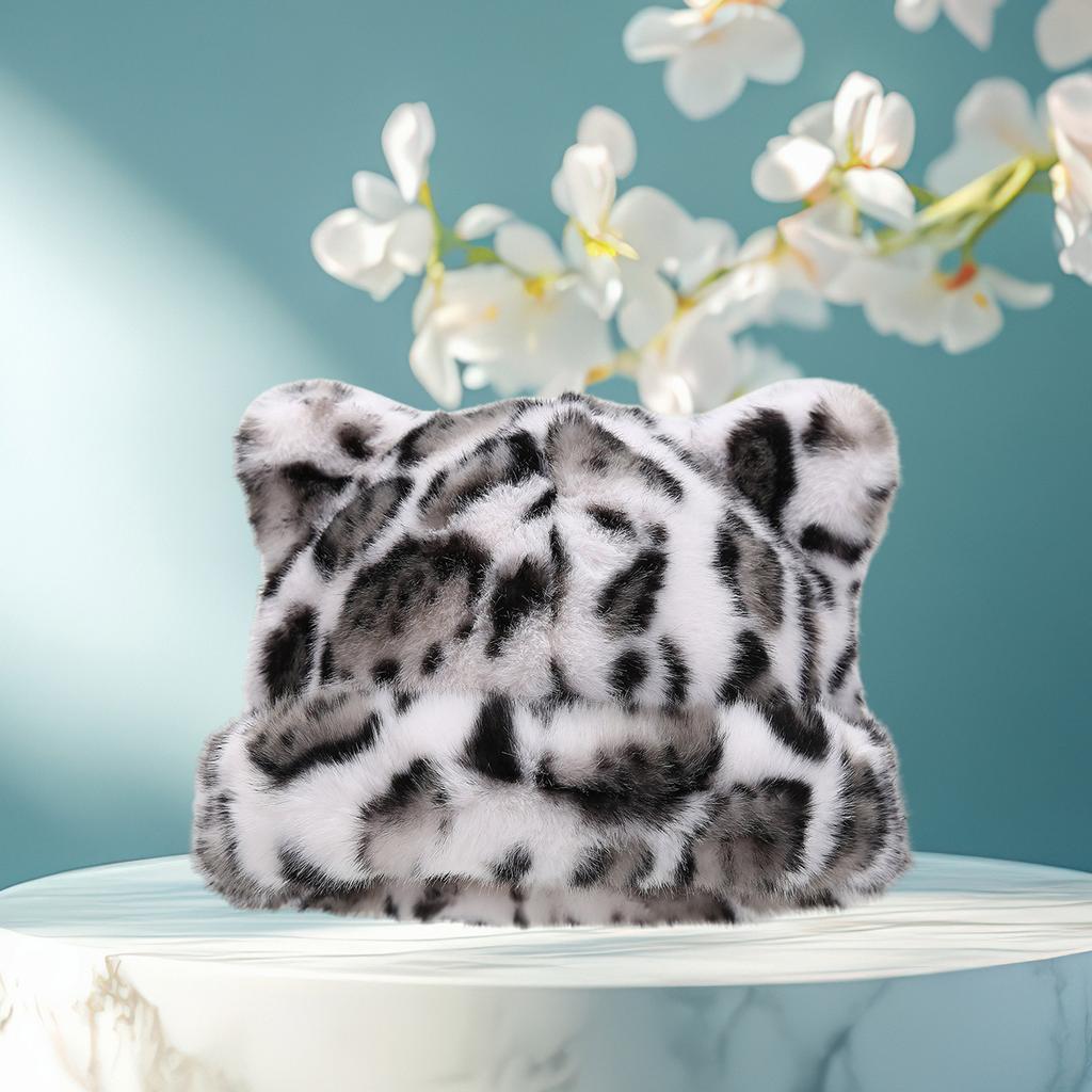 Oversized Kitten Hat with Ear Leopard Print Skiing Hat Furry Hood Cartoon Photo Props Outdoor Head Wrap for Halloween