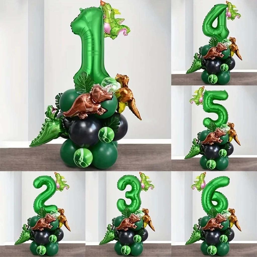 25 Stück grünes Dschungel-Dinosaurier-Digitalset für Jungen-Geburtstagsparty-Dekoration Nummer Ballonsäule Tyrannosaurus rex Feuerdrache