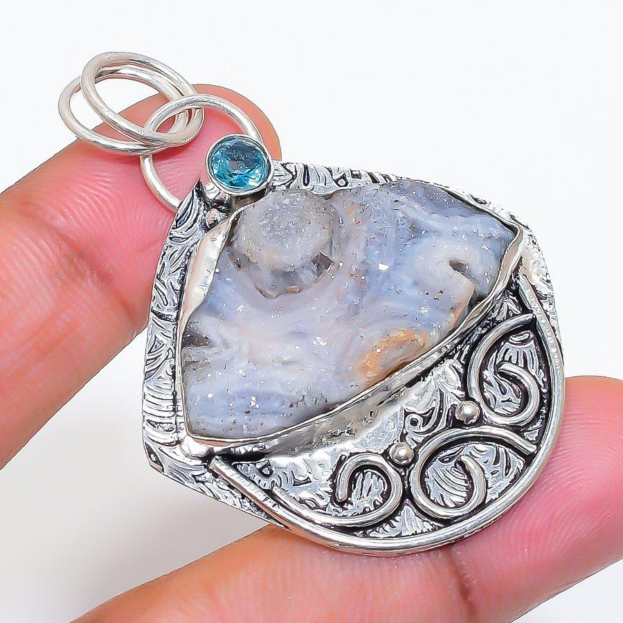 Natural Desert Rose Druzy, Topaz 925 Sterling Silver Jewelry Pendant 2.17" ZS-127