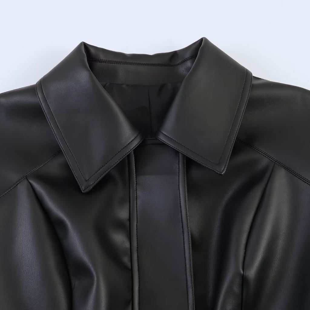 2026 summer new European and American cross-border women's clothing street fashion lapel imitation leather belt jacket w021 83053